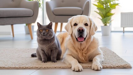 Playful dog and cat companionship in a modern living room a heartwarming moment captured