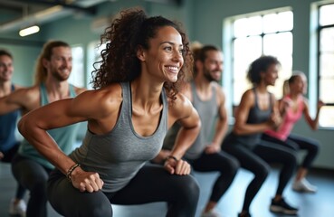 Smiling woman does squats in group fitness class. People exercise. Girl wears sportswear in gym. Cardio training session with instructor. Active lifestyle. Athletes at workout improve health.