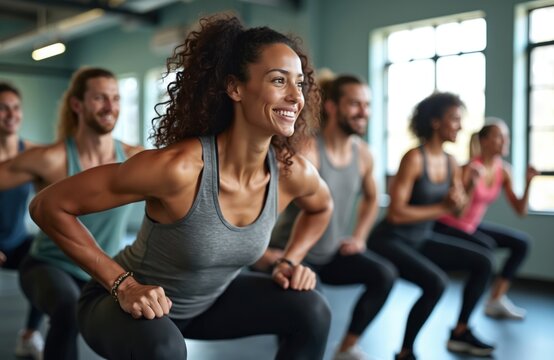 Smiling woman does squats in group fitness class. People exercise. Girl wears sportswear in gym. Cardio training session with instructor. Active lifestyle. Athletes at workout improve health.