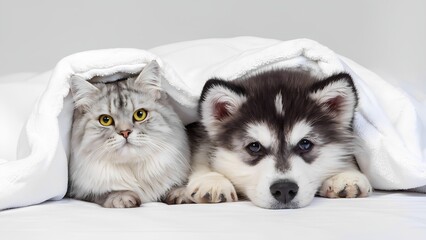 Fototapeta premium Adorable puppy and kitten cuddling together under a blanket indoor setting pet photography cozy atmosphere close-up shot