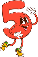 Cartoon groovy math number five character. Isolated vector cheerful and funny 5 figure with wide eyes and smile radiating positivity. Playful digit school education personage embodies funky y2k vibe