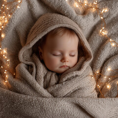 a baby sleeping in a cozy beige blanket near soft golden christmas lights
