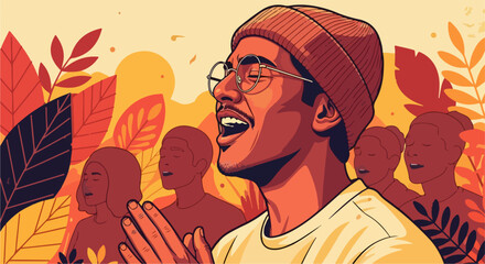 Man singing in church with friends, a gospel hymn fills air. Man singing radiates joy in church, surrounded by supportive friends and fellow congregants. Man singing spreads positive message,