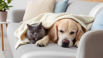 Cozy companionship dog and cat snuggling on couch living room pet photography warm environment close-up friendship