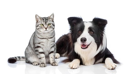 Playful pets dog and cat together studio setting animal photography bright background close-up friendship concept