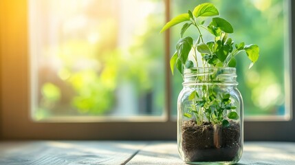 Tranquil home gardening showcasing basil sprouts in a clear mason jar
