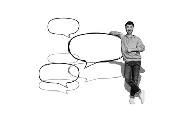 Creative poster collage of young man speech bubble connection talking bizarre unusual fantasy...