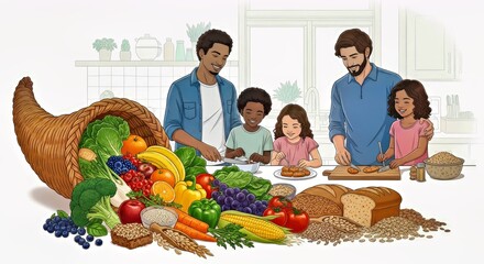 Energetic and vibrant digital illustration promoting healthy eating habits and sustainable food choices