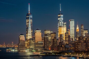 Obraz premium New York City Skyline at Night with One World Trade Center and Empire State Building