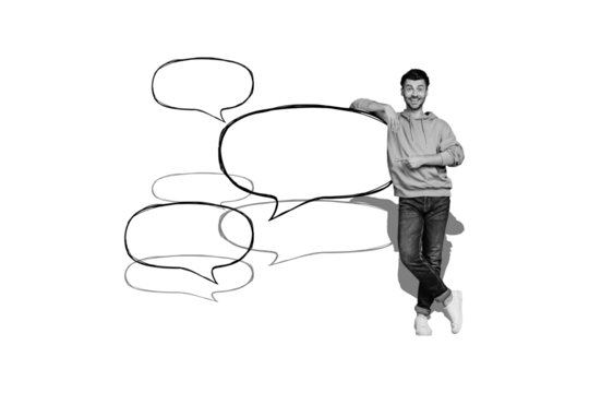 Creative poster collage of young man speech bubble connection talking bizarre unusual fantasy billboard comics