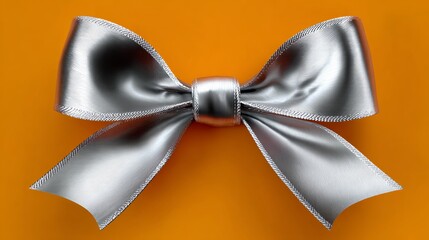 Silver ribbon bow is on an orange background. The bow is shiny and elegant, and it looks like it's about to be used for a special occasion