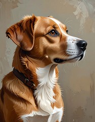 Digital portrait of a dog, reddish-brown with white markings, in profile view, set against a muted taupe background