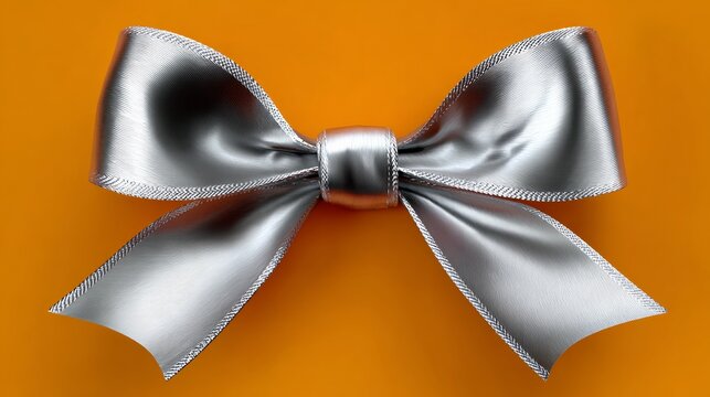 Silver ribbon bow is on an orange background. The bow is shiny and elegant, and it looks like it's about to be used for a special occasion
