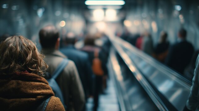Men and women ascend the escalator as men and women converse quietly. The crowd moves with men and women, reflecting the hustle of urban life.