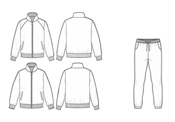 Technical drawing of a tracksuit displayed from multiple viewpoints showcasing the jacket and trousers in detailed illustrations