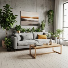 Modern living room with lush greenery and abstract landscape art
