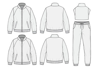 Technical drawing of a tracksuit from multiple viewpoints showing front, back, and detailed illustrations