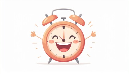 A cheerful cartoon alarm clock with a smiling face and outstretched arms, radiating happiness.