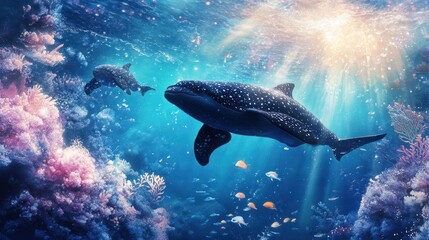 Fototapeta premium Serene underwater scene featuring whale sharks swimming near coral reef