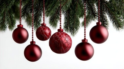 Bunch of red Christmas ornaments hanging from a tree. The ornaments are of various sizes and shapes, and they are all hanging from the same branch. The scene conveys a festive and joyful mood