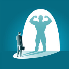 The businessman looks at his shadow and sees  a big powerful man. Business concept. Vector illustration