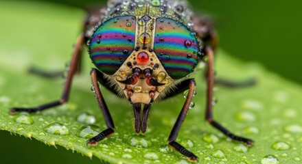 Extreme closeup macro shot of a horsefly with iridescent compound eyes and water droplets on its body, resting on a green leaf