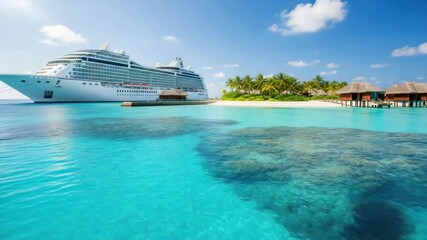 Cruise ship at sea with tropical island scenery under sunny blue sky