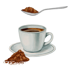 Watercolor coffee cup with a spoon of ground coffee. Loose ground coffee. Illustrations for coffee shops, cafes, packaging, menus, and product design.