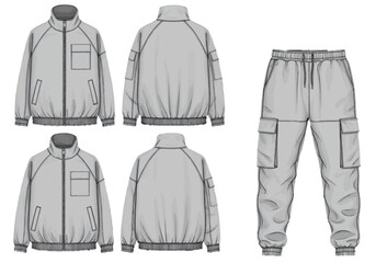 Technical illustration of various views of a jacket and cargo pants on a white background from multiple viewpoints