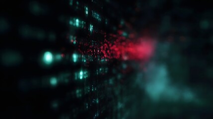 A digital system displaying glowing data streams with a red intrusion disrupting the flow against a dark abstract background