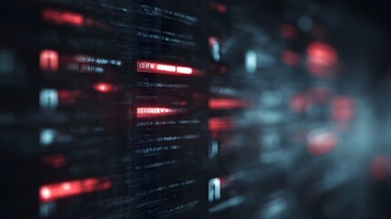 Abstract digital data streams flow across a dark technological interface with glowing red alerts