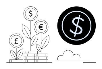 Currency signs grow as plants atop coins large money icon nearby. Ideal for finance, investment, savings, prosperity, growth, wealth management, economy. Clean line art for simple flat metaphor