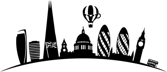 Iconic London skyline silhouette with famous landmarks like The Shard, Gherkin, and St. Paul's Cathedral perfect for travel, tourism, and British culture designs