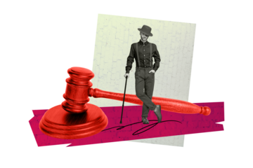 Composite photo collage of serious man stand big hammer courtroom jurisprudence legal punishment attorney isolated on painted background