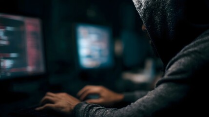 Close up of a programmer in a hoodie coding on a computer in a dark dimly lit room with multiple glowing screens