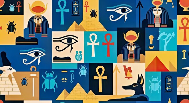 Seamless pattern of ancient Egyptian artifacts and deities in a modern flat design graphic vector style