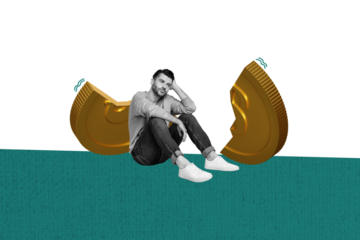 Composite trend artwork sketch collage of monochrome young guy businessman sit down crisis devaluation loss money cracked budget inflation