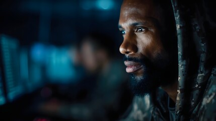 A man in a camouflage hoodie focused on computer screens in a dark tech filled room