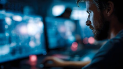 A man intently focused on multiple glowing computer screens in a dark modern environment