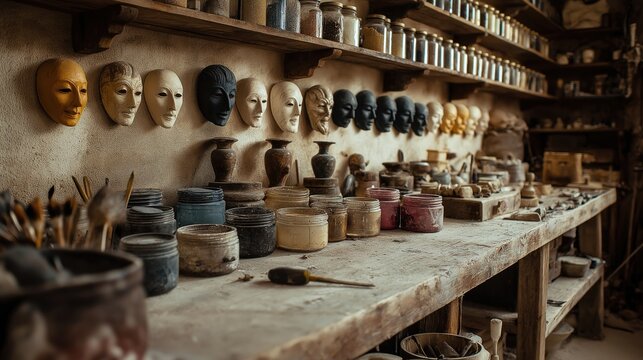 Artisan Pottery Studio Workbench with Masks