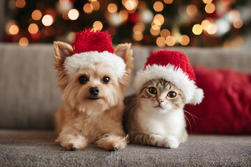 Adorable dog and cat wearing matching Santa hats, sitting on a sofa with Christmas decorations, bokeh lights behind them, cozy home interior
