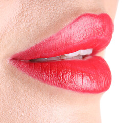 Fototapeta premium Woman with beautiful red lipstick on her lips against white background, closeup