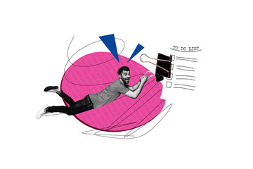 Composite photo collage of happy businessman hold clip reminder paper sheet to do task plan noticeboard isolated on painted background