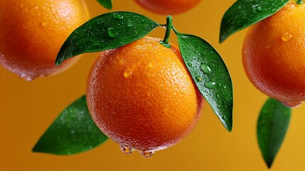 Close up of an orange with a green leaf on top. The orange is wet and the leaf is dripping water