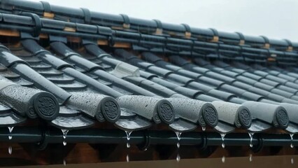 View the beautiful, classic pattern of a traditional Japanese tiled roof during a rain shower, watch as clear raindrops drip rhythmically from the sculpted