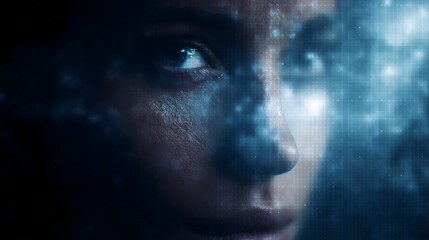 Close up of a human face with futuristic digital grid and holographic blue light overlay