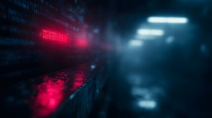 Dark futuristic industrial corridor with glowing red data progress bar on a digital screen