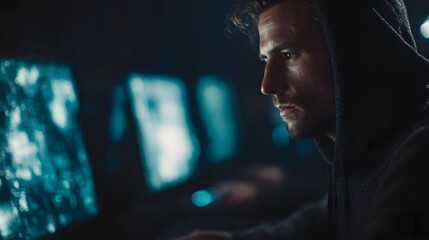 A man in a hoodie intensely focused on multiple glowing computer screens in a dark room