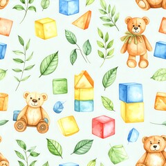 Watercolor Pattern Teddy Bears, Cubes, and Foliage