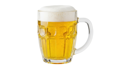 Isolated frosty full mug of light beer with rich foam head ready to drink and enjoy